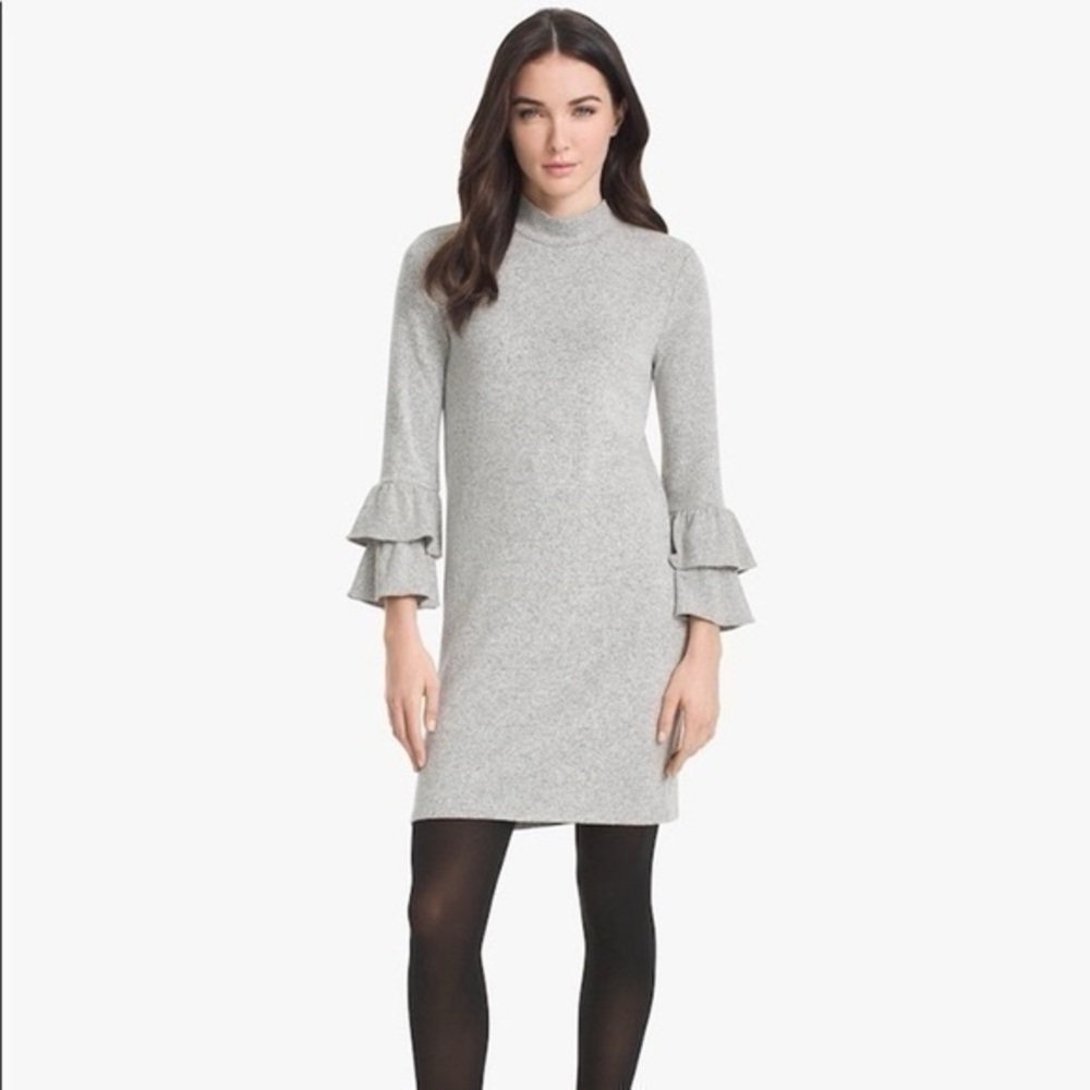 White House Black Market WHBM Heather Gray Soft Knit Tiered Bell Sleeve Dress M